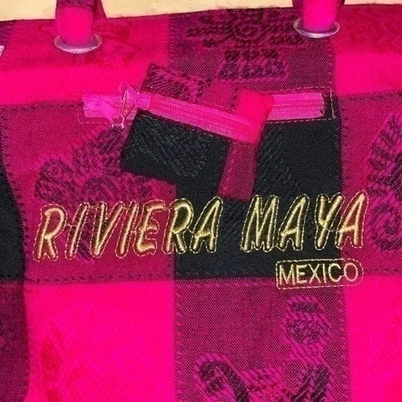 NWT Riviera Maya Mexico tote bag purse with small coin purse in pink and black - Picture 4 of 10